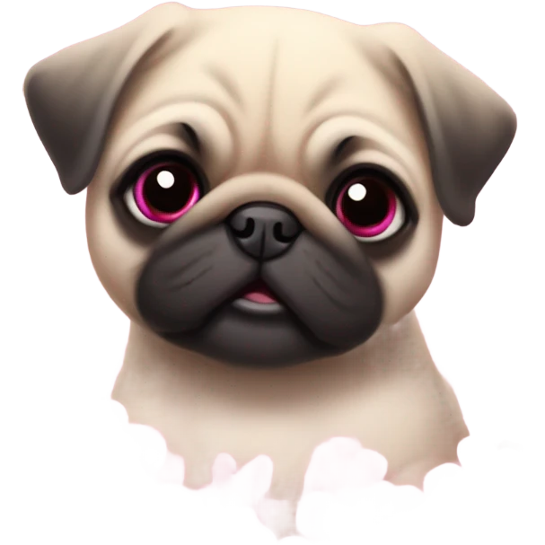 Baby pug playing in pink flowers with pink eyes  emoji