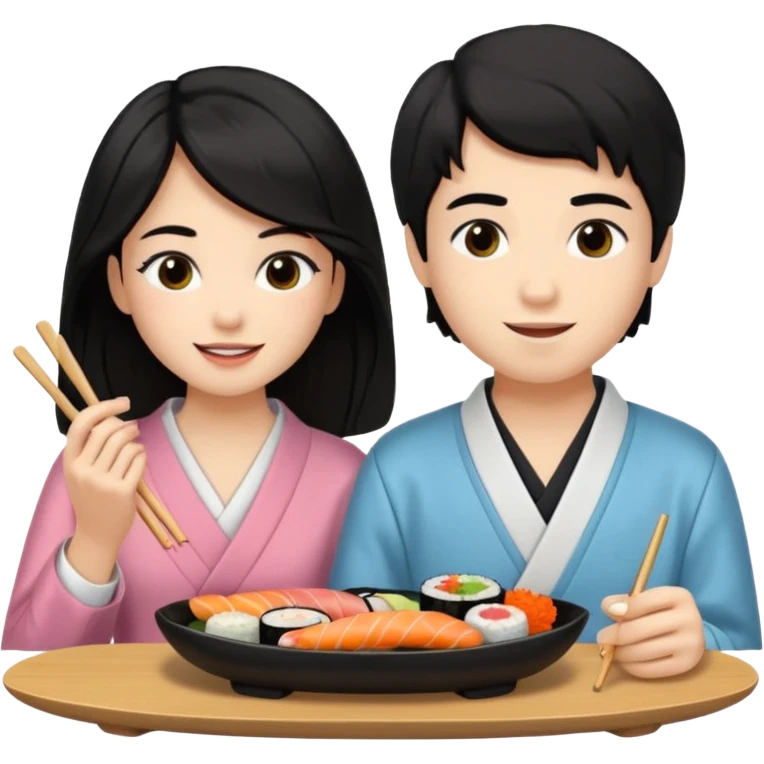 czarnowłosa ksieżniczka w dlugich wlosach je sushi z chłopakiem o czarno brązowych włosach i są zadowoleni i są nastolatkami i te włosy są lekko krecone i chłopak ma włosy do wysokosi nad brwiami emoji