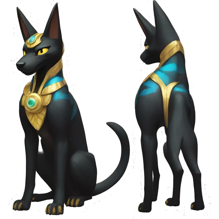 Black godly overpowered ethereal majestic Egyptian Lucario-Umbreon-Cat. Golden Anubis-Rings and yellow ring-markings. Full body emoji