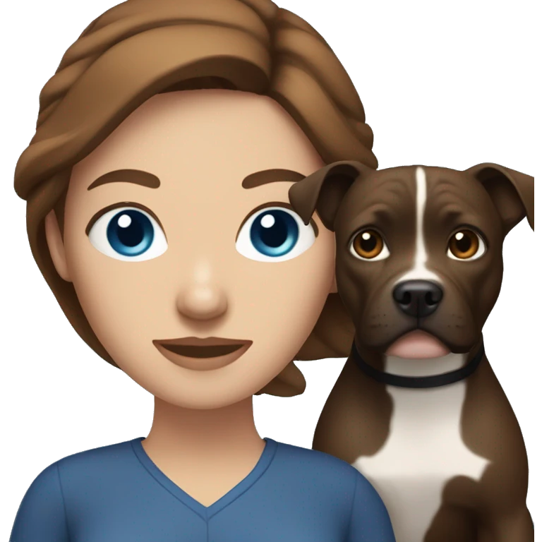A brown-haired woman with blue eyes with black pit bull emoji