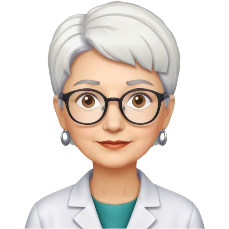 Older scientist woman, short cropped white hair, brown brows, glasses  emoji