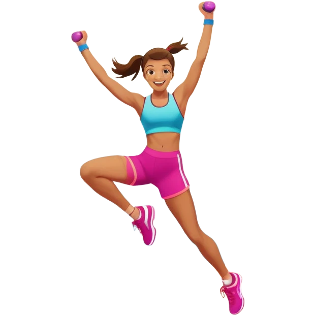 An energetic person performing an aerobics workout in a brightly lit gym, jumping and stretching with enthusiasm. The scene includes vibrant fitness equipment like dumbbells and exercise mats, with a background of cheerful, motivating colors, conveying energy and movement. emoji