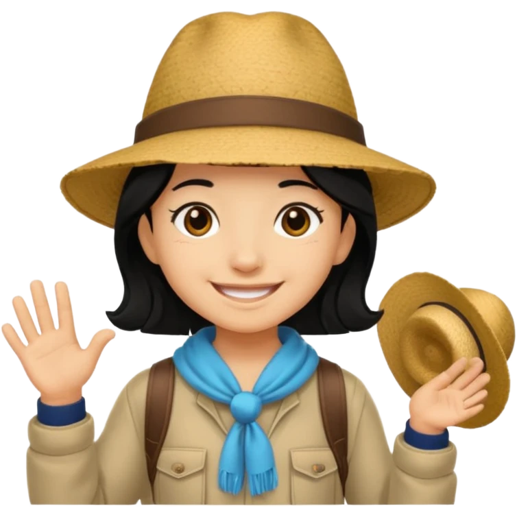 tourist kid with big hat and black hair emoji