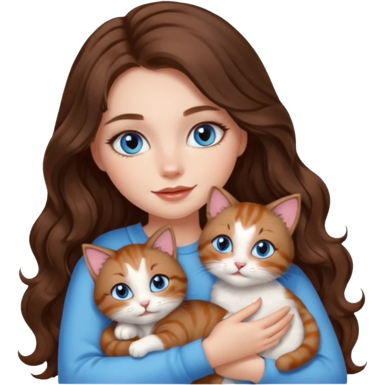 girl with long wavy brown hair, blue eyes, long lashes makeup, cuddling with 6 cute cats emoji