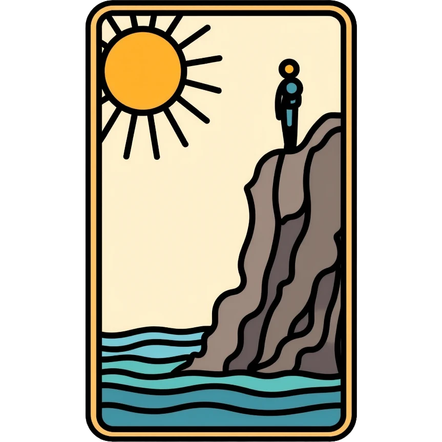 The Fool tarot card with sun in corner and figure near cliff emoji