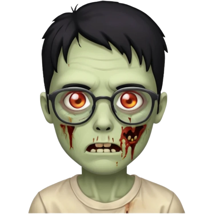 zumbie de cabelo preto,olhos pretos e oculos pequeno emoji