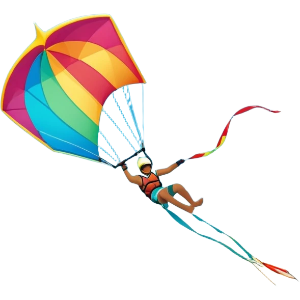 A kitesurfer soaring through the sky, harnessing the wind on a bright, colorful kite. The scene shows the surfer gliding over the water with the kite above, emphasizing the freedom, speed, and thrill of the sport in a dynamic coastal setting. emoji