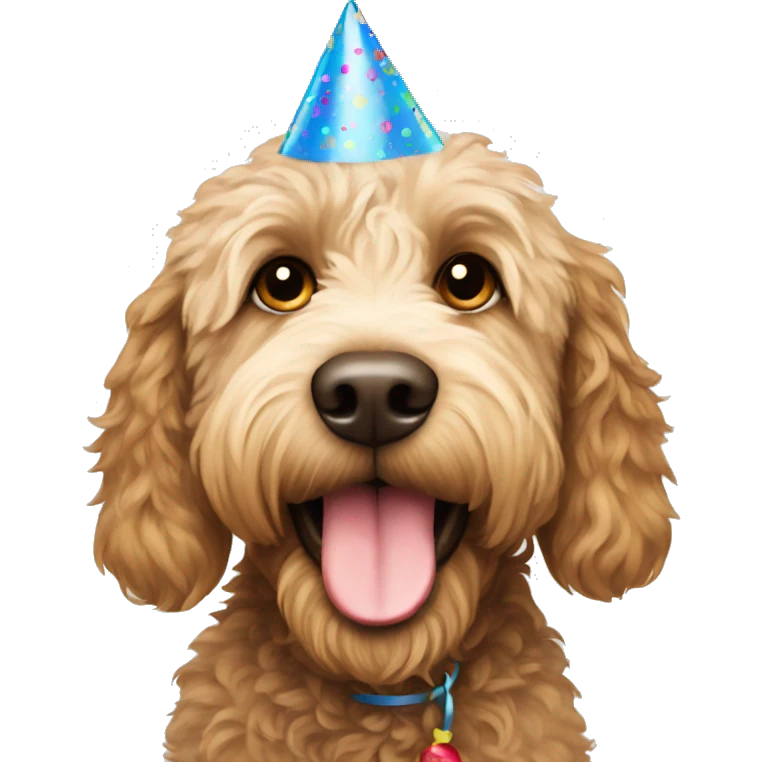 labradoodle wearing birthday hat emoji