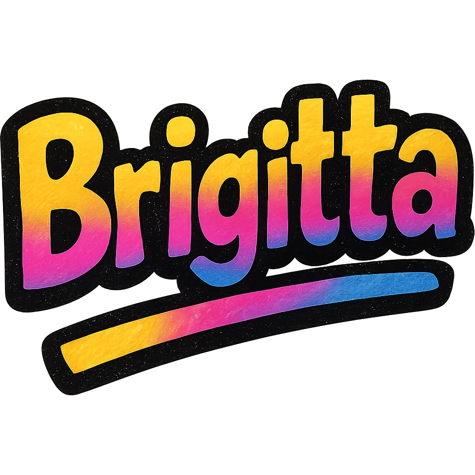 Brigitta name in modern colorful gradient font with dark outline, dynamic slanted or partial underline, transparent background, in the style of reference patterns emoji