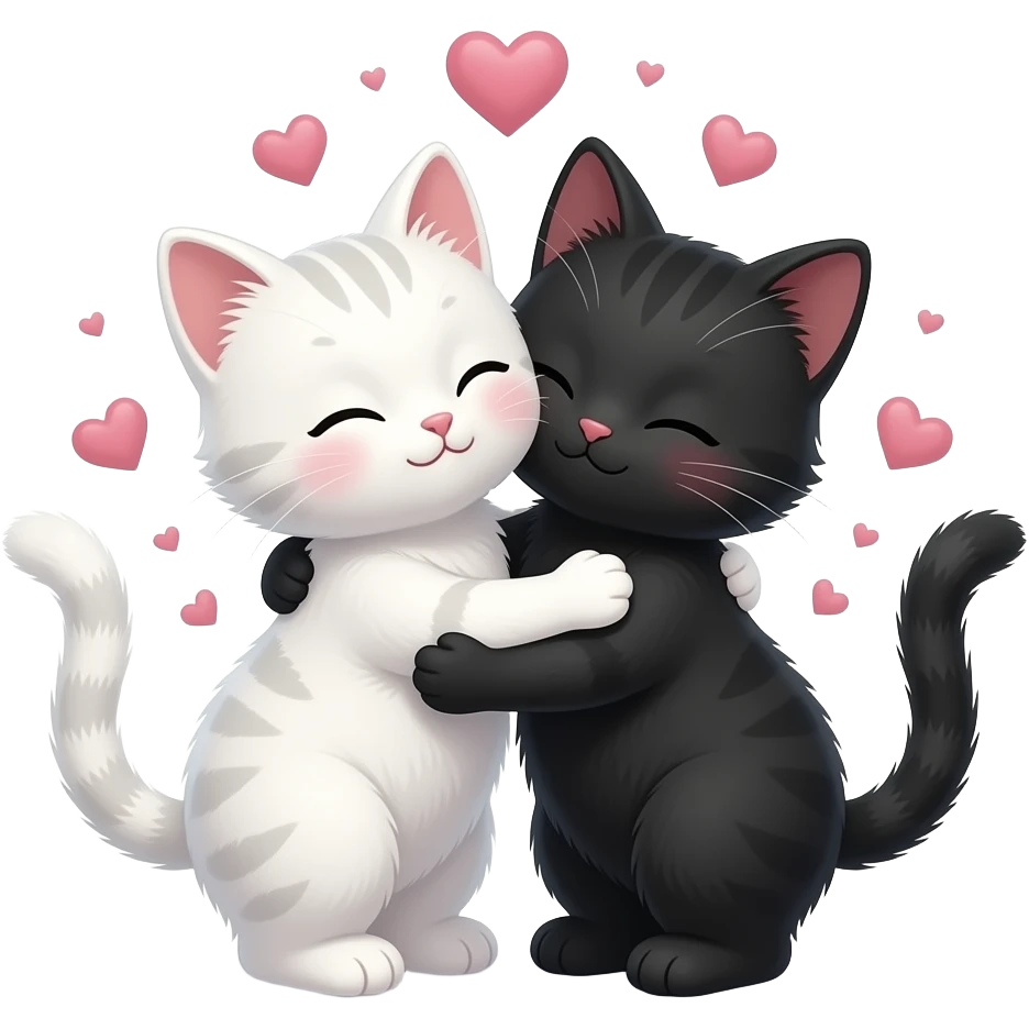 dos gatitos uno de color blanco y otro negro, dandose un pequeño abrazo con corazones como particulas saliendo del abrazo emoji