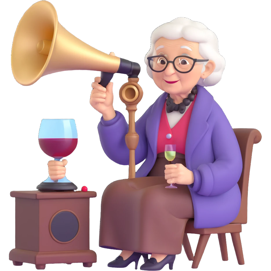 old lady with wineglass listening to gramophone emoji
