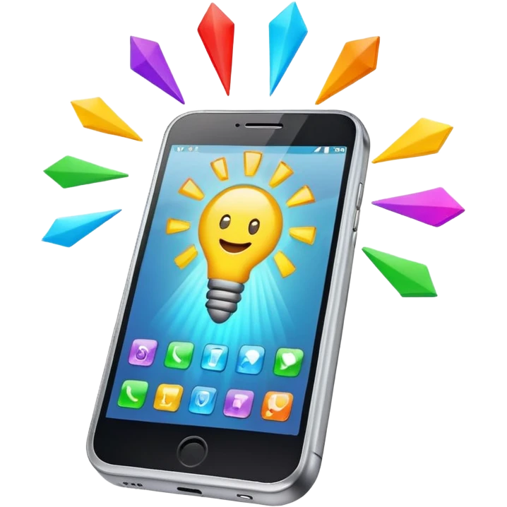 Generate a realistic emoji of a smartphone where a lot of things like data, ideas, inventions and creative stuff coming out of it. Whats coming  out of it spreads in the air  emoji