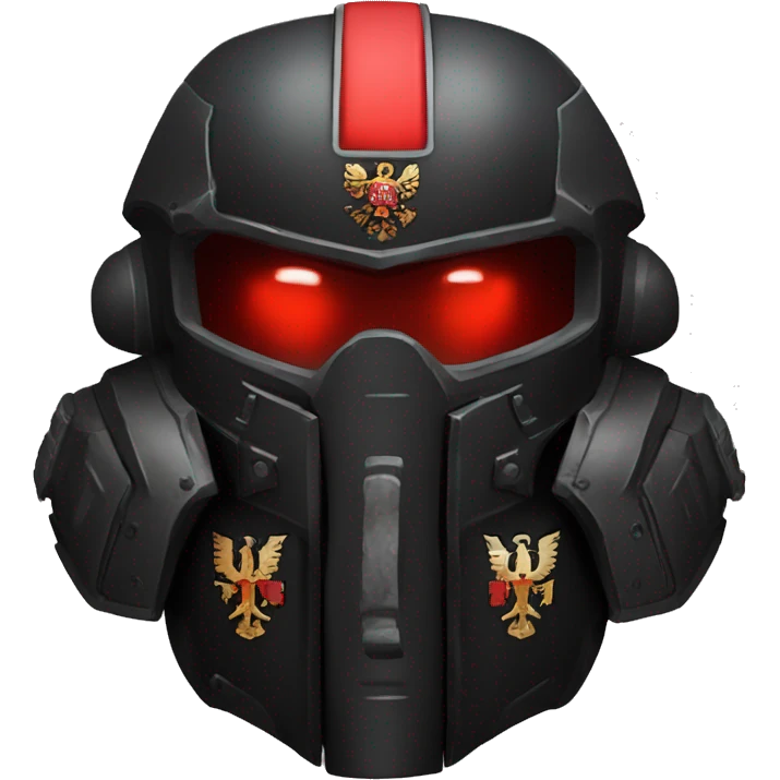 Black Space Marine 40K helmet with red lenses, featuring the Russian coat of arms. emoji