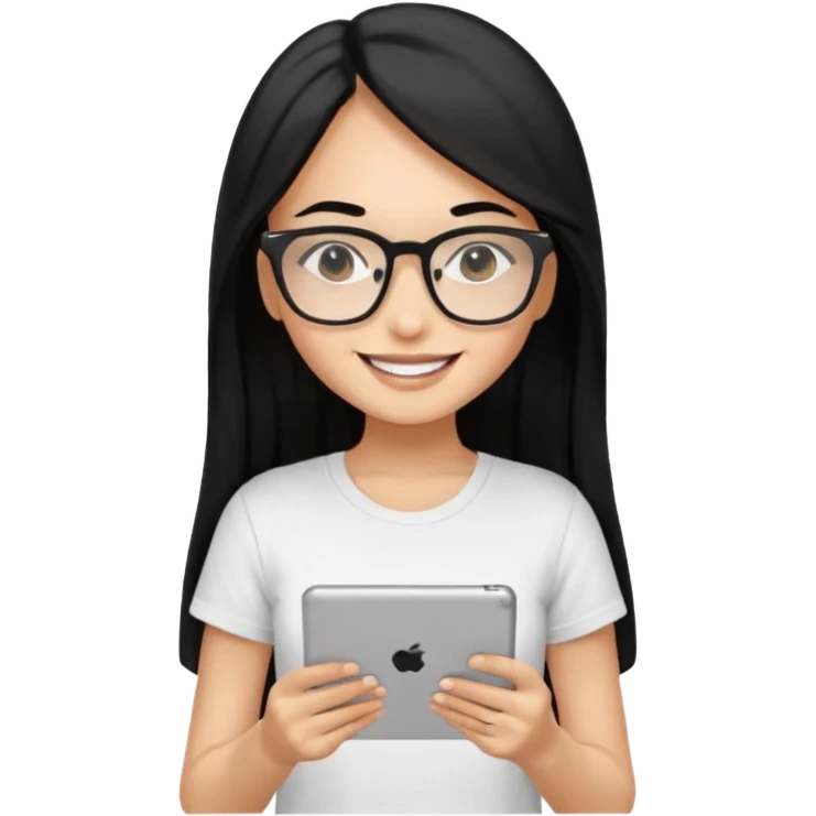Long black hair girl in a white T-shirt and black square glasses smiling studying with an Ipad. emoji