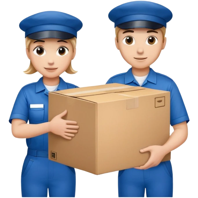 two workers in blue uniforms and caps holding a large box together emoji