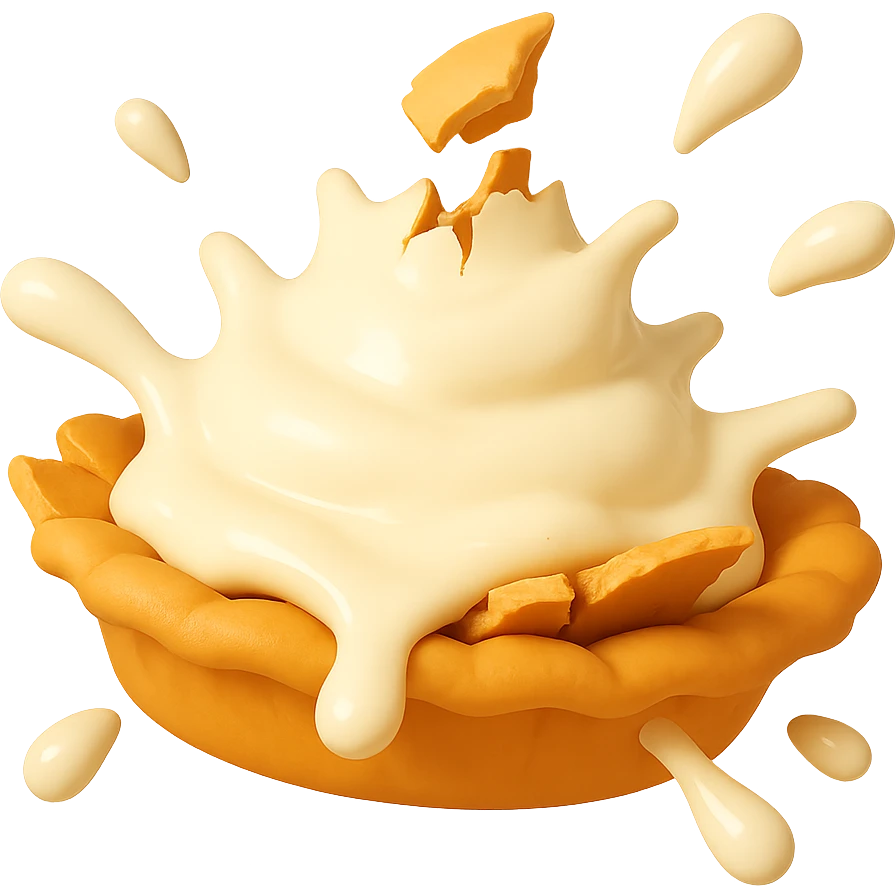 Show the cream pie mid-splat, cream spreading out, crust breaking, playful 3D emoji style, golden brown crust, same angle as reference. (Stage 4 of 6) emoji