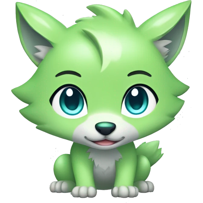 Cute Shy Shiny Light-Green Fakémon-Wolf-Pokémon with Cyan-Blue eyes Full Body emoji