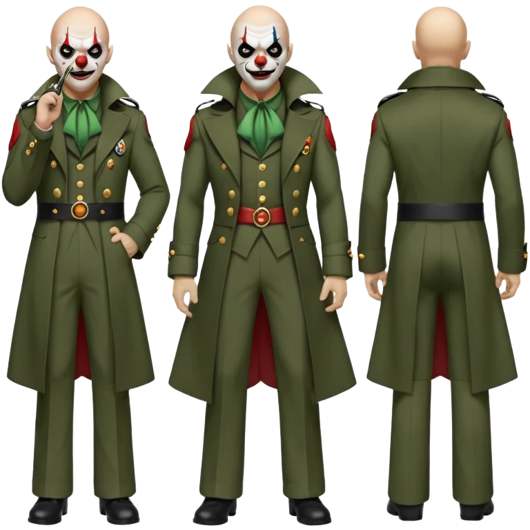 evil clown, bald, small black horns on forehead, fangs, pointed ears, eye patch over one eye, long coat over black and military green leisure suit with bellbottom pants, tail, holding a different style of whip, realistically proportioned, less bulky, full body, battle-ready, fighting posture emoji