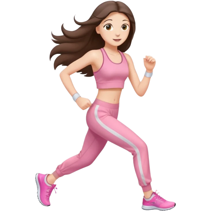white happy brunette teen long hair with hazel eyes in light pink workout clothes jogging emoji