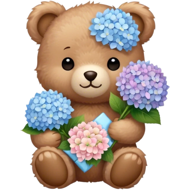 light brown teddy bear super cute holding a light pink and light blue bouquet of hydrangeas emoji
