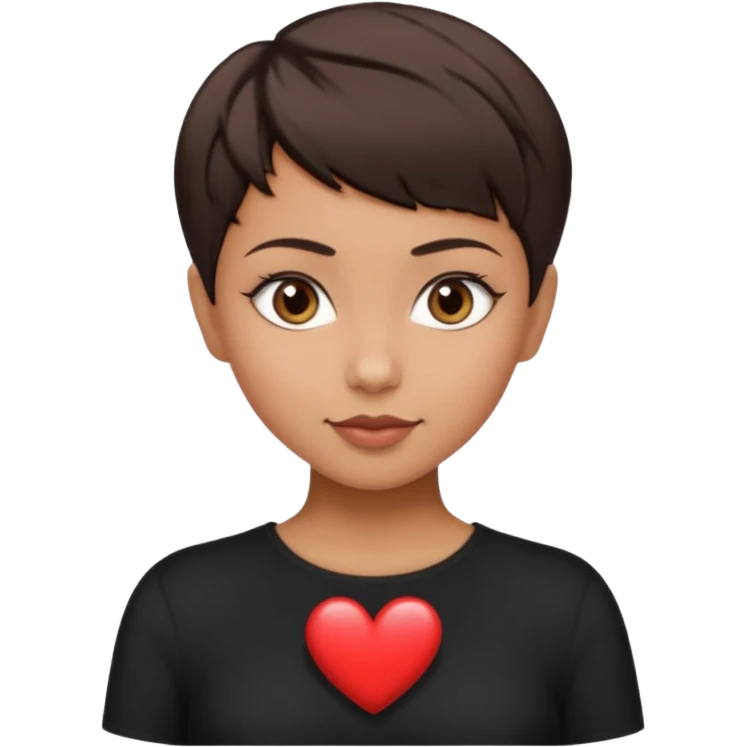 woman pixie cut dark brown hair, tan skin, brown oval eyes, heart shaped face emoji