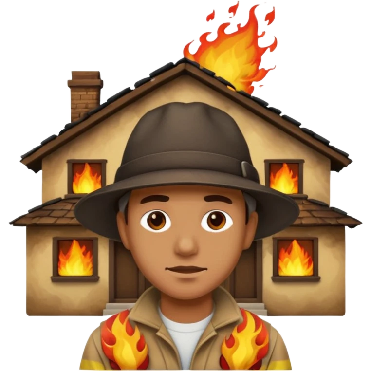 a man standing with a house burning with dramatic flames behind him, apple style emoji emoji