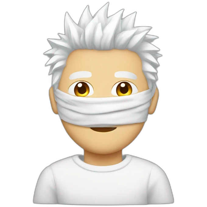 Man with blindfold and white spiky hair wearing white sweater emoji