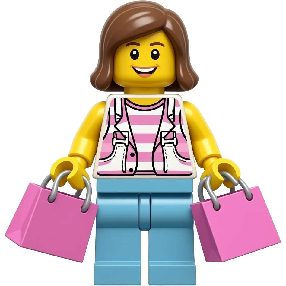 Create a lego minifig carriying shopping bags. It should be a female and she should be very happy. Make the bags pink emoji