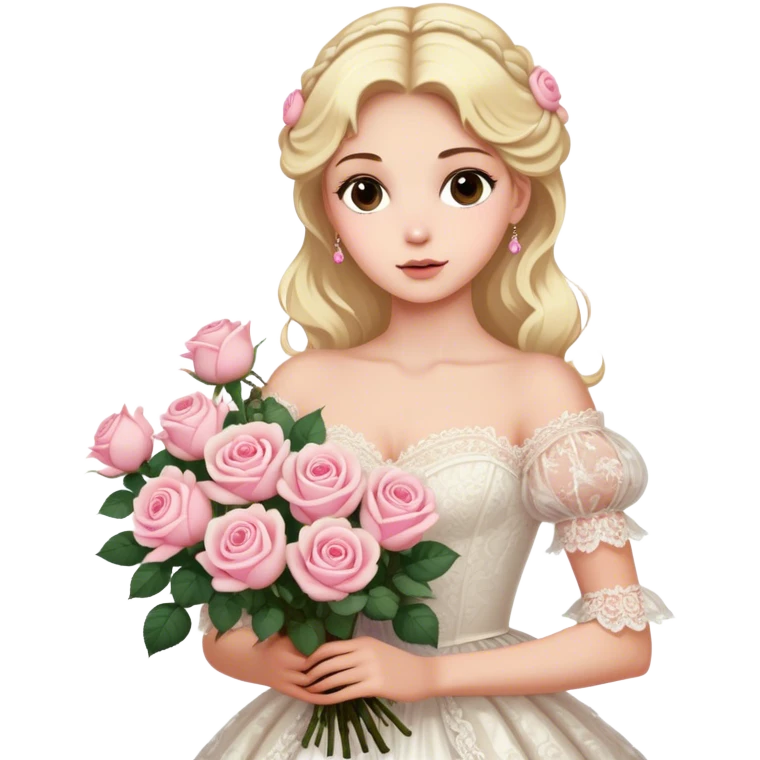 Blonde model with brown eyes wearing a white lacey rococo gown clutching a giant bouquet of cream and pink roses emoji