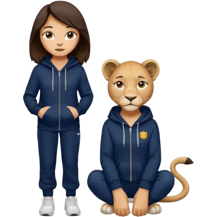 León tierno que sea mujer con pantalones guangos color azul marino y una sudadera negra con cabello suelto color castaño obscuro emoji
