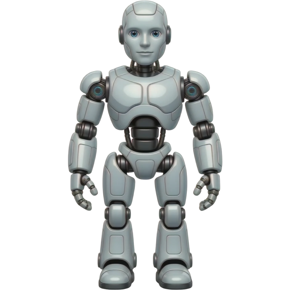 Glossy 3D rendered robot emoji with full body, front-facing, detailed with distinct mechanical features, slightly rounded edges, soft shading, white background emoji