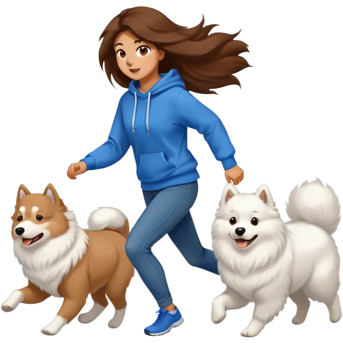 A beautiful girl with long hair wearing a sweatshirt and jeans is running with a Samoyed emoji