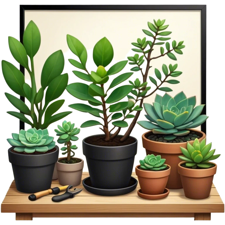 Close-up of a potted sapling being nurtured in rich soil, surrounded by vibrant plants and succulents. Sunlight filters through the window, casting soft shadows. Cozy indoor garden with gardening tools placed neatly on a wooden table. emoji