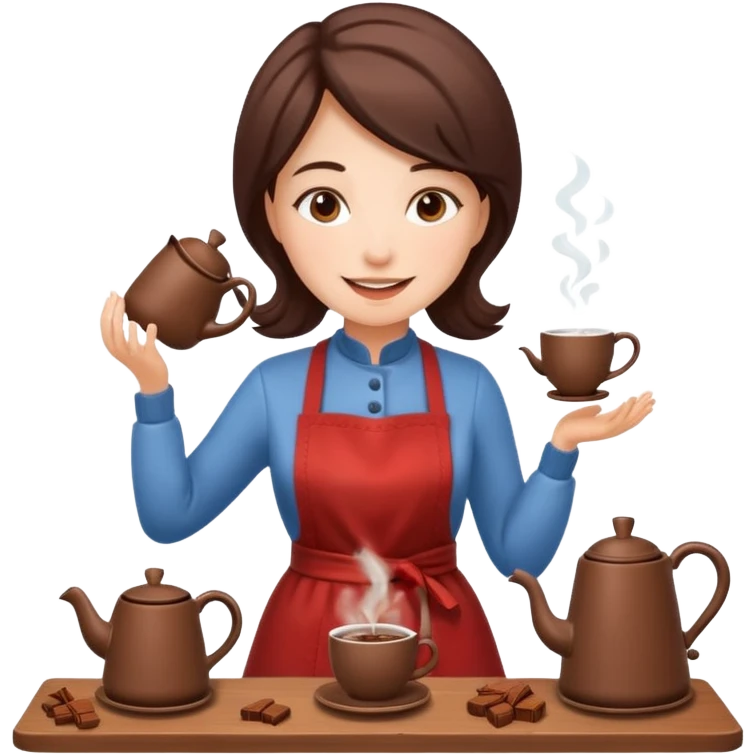 A cheerful woman wearing a winter apron, pouring cocoa from a kettle into tiny cups.
 emoji