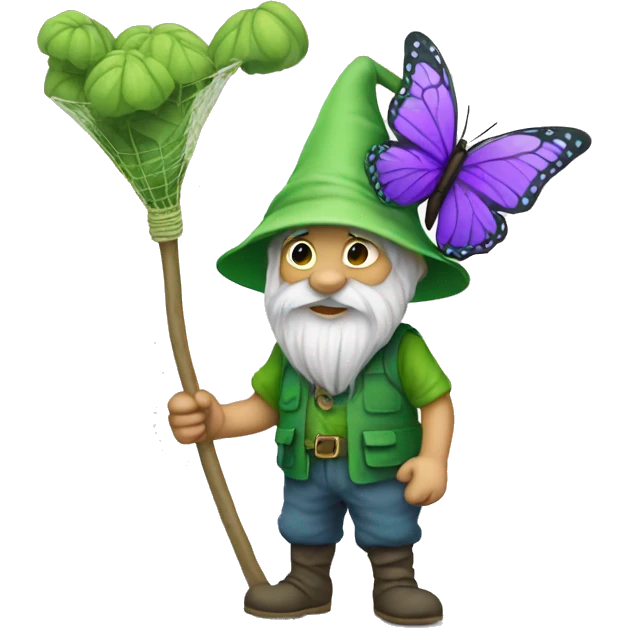 green crawly gnome with purple butterfly net emoji