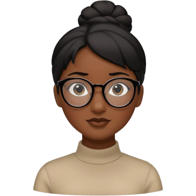 A woman with dark skin, black hair in a neat bun, black glasses, and an oval face with soft features. emoji