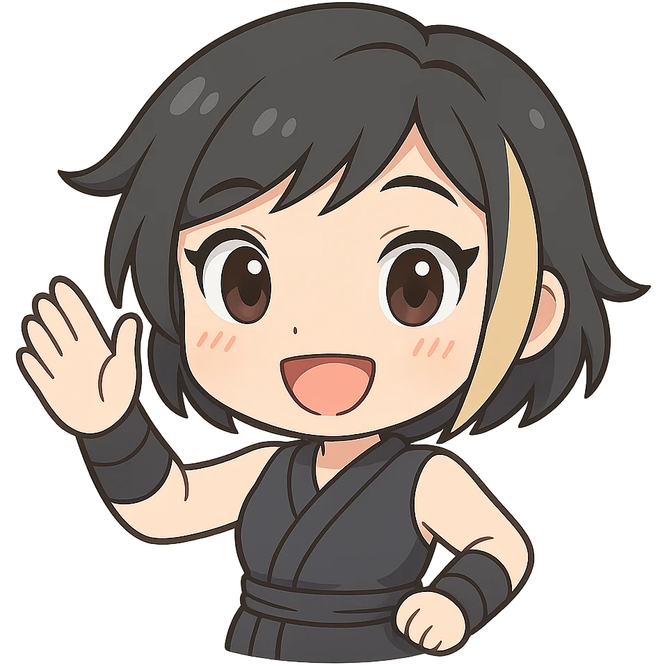 Make this exact chibi ninja girl wave to the right, keeping the same anime chibi style, face, outfit, and colors. Only change the arm position for animation. Transparent background, sized for Twitch emoji use. emoji