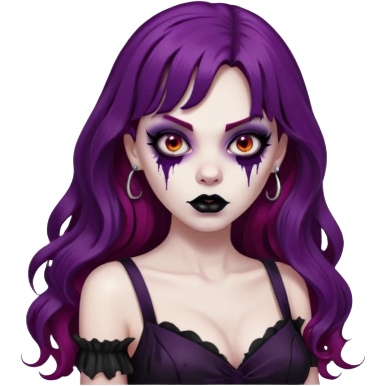 vampira gótica zumbi de cabelo longo e vermelho quase roxo e franja e roupa com decote e batom preto emoji