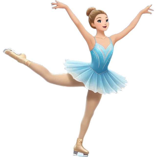 An icon showing a graceful figure skater mid-spin on a sparkling ice rink, wearing an elegant costume. The background features festive arena lights, snowflakes, and cheering spectators. Transparent background captures the beauty, artistry, and elegance of figure skating. emoji