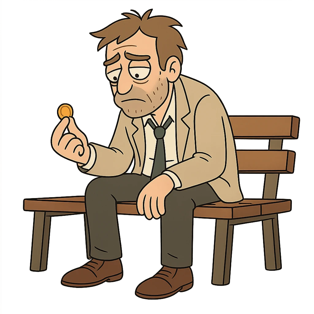 ex billionaire, sitting on a bench, looking at a single coin, cartoon style emoji