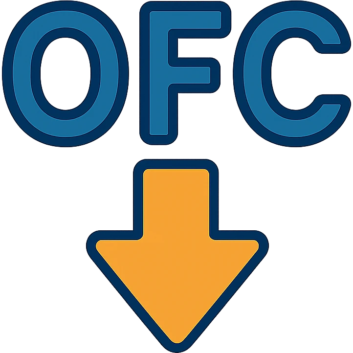 Letters OFC with a downward arrow underneath emoji