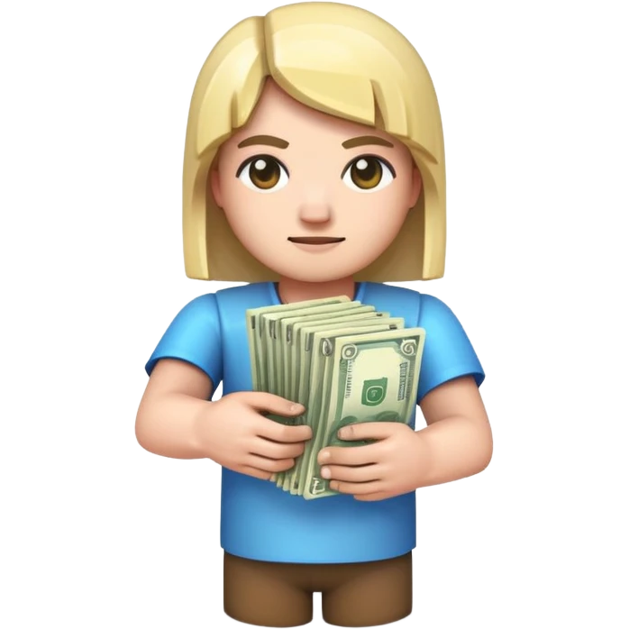 emoji style icon, minecraft blocky character holding a stack of money, pixel art style, bright colors, simple background, 3D glossy emoji, centered composition, soft shadow, high detail, clean outline, white background emoji