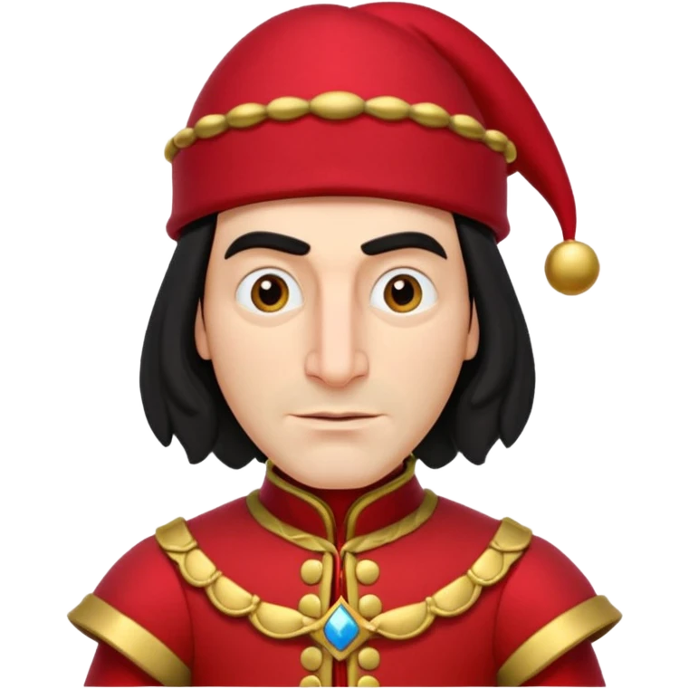 lord farquad avec un chapeau rouge plat sur le dessus, il a un vêtement rouge avec des manches bouffantes rouge et dorée emoji