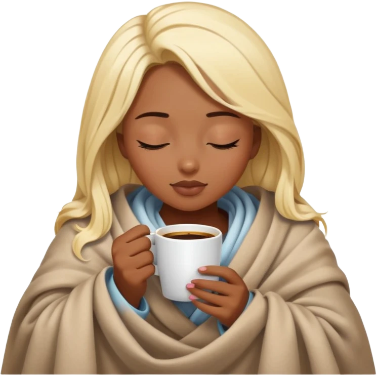 Blonde dark skin girl inside a blanket sipping coffee eyes closed emoji