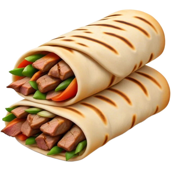Cinematic Realistic Shawarma Dish Emoji, showcasing spiced, succulent meat wrapped in flatbread with fresh vegetables rendered with lifelike detail and dynamic, appetizing lighting. emoji