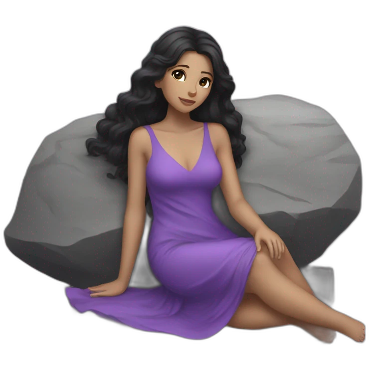 a black hair white girl laying back on stone with purple dress emoji