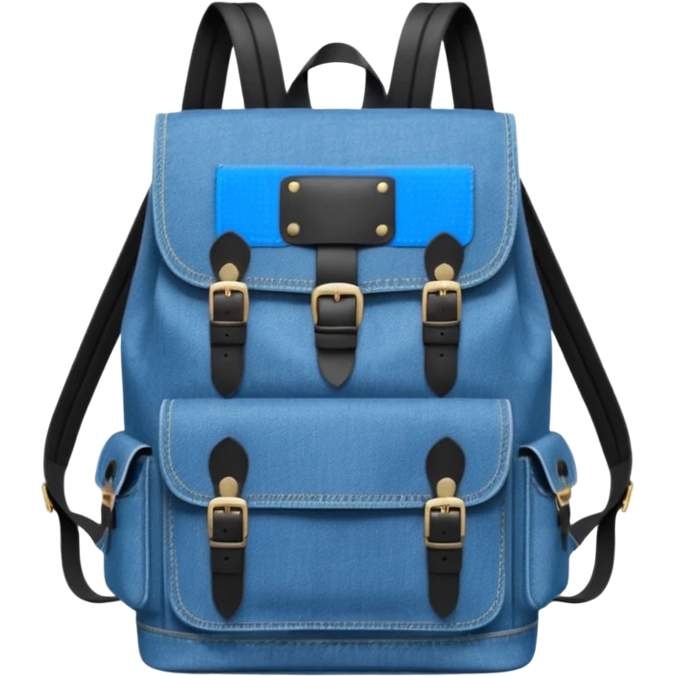 An emoji-style blue denim backpack with a flap top. Two short black buckle straps are attached only at the top flap, do  not extending to the bottom. The front is clean with no pockets or extended straps. The backpack has two side pockets. 


 emoji