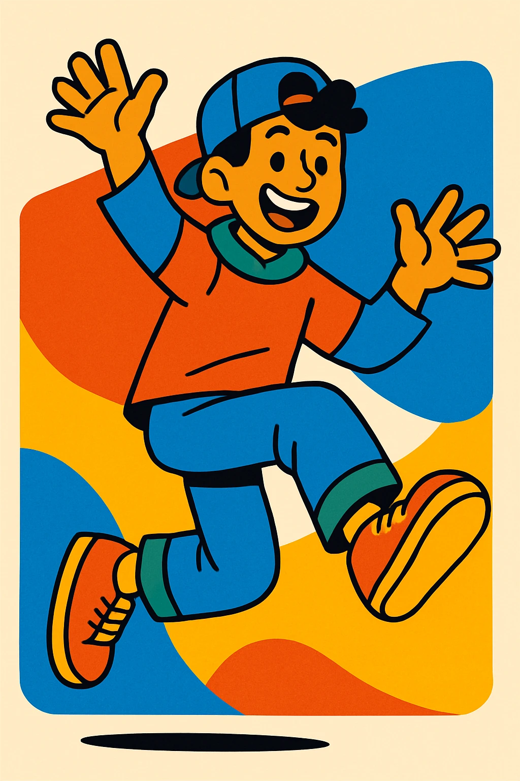 a young man with a playful, colorful style, full of energy and joy, bright and bold colors emoji