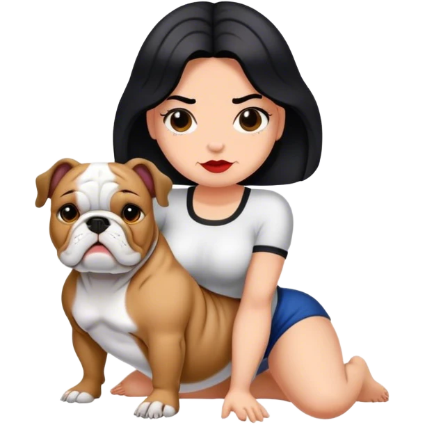 Mujer de cabello negro lacio con un bulldog francés de muchas manchitas emoji