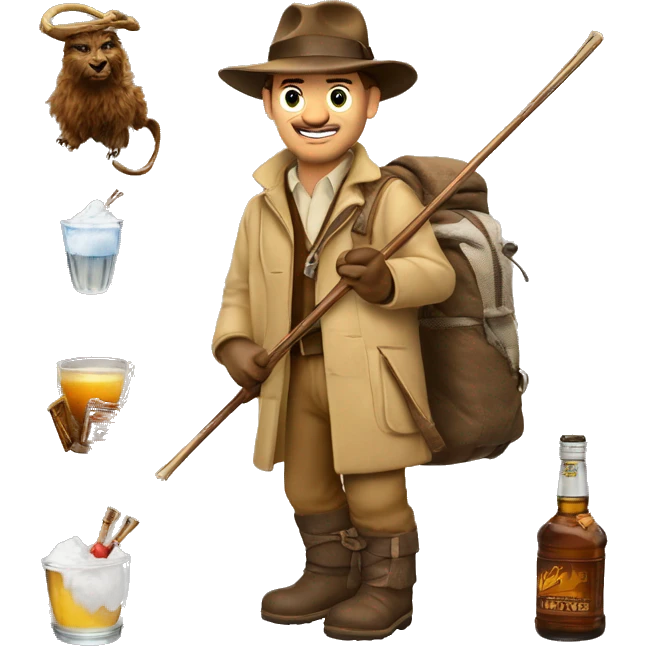 Indiana jones skiing with a shot of whiske emoji